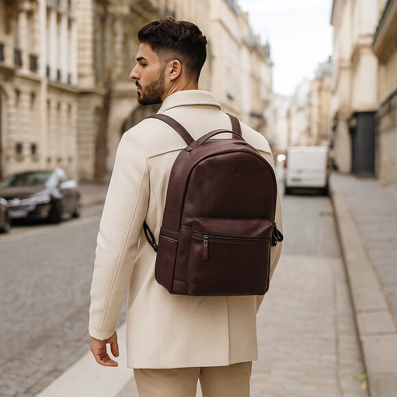 Genuine Leather Backpack,16" H Brown Travel Backpack for Women & Men | Daily Use - Picture 3 of 10